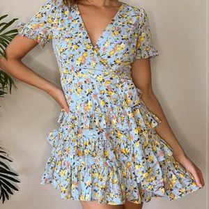 Lulus Blue Short Sleeve floral ruffle dress